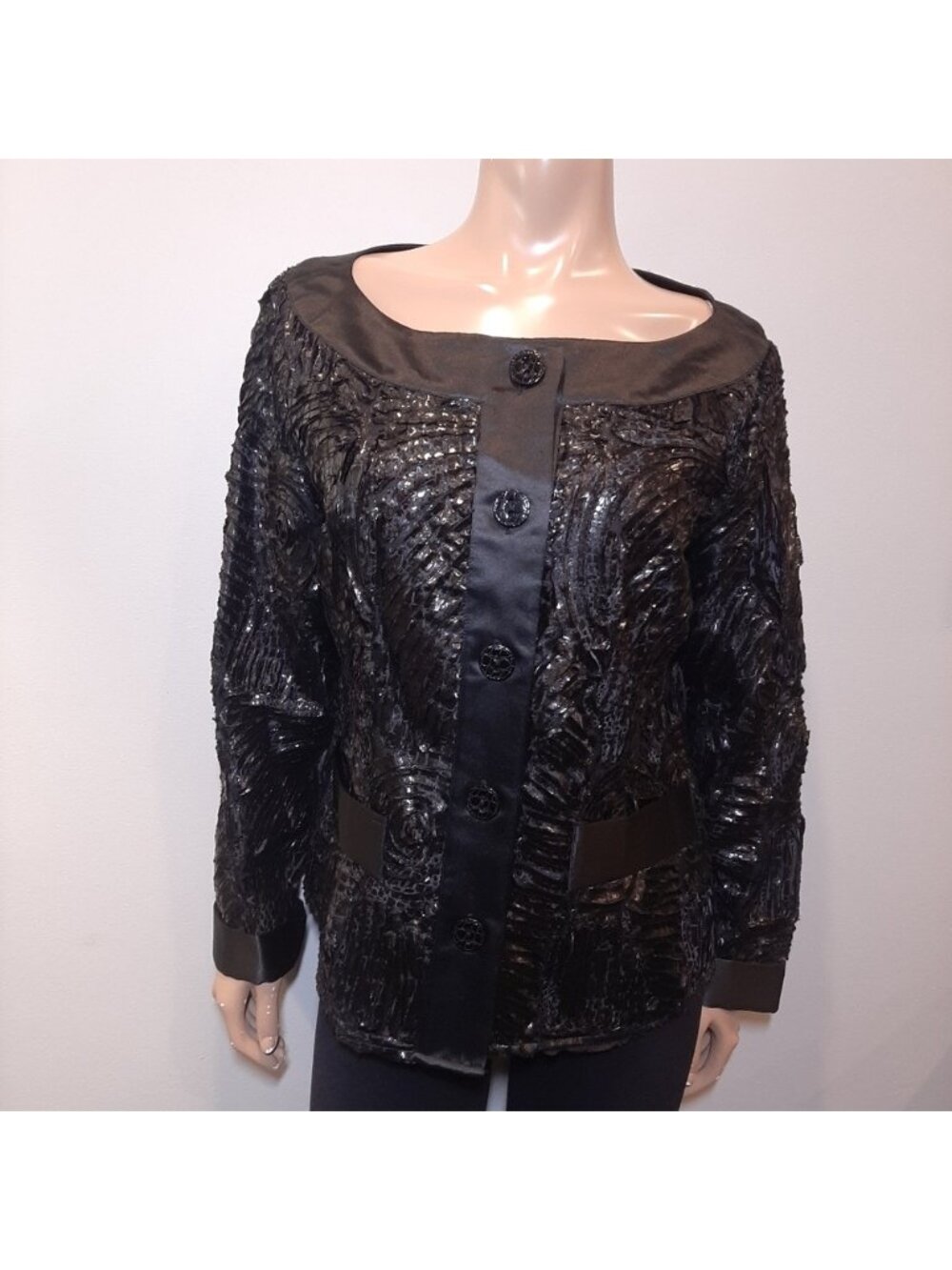 SAMUEL DONG Satin Jacket Textured Floral Buttoned Blazer Cardigan Top Designer - Picture 14 of 14